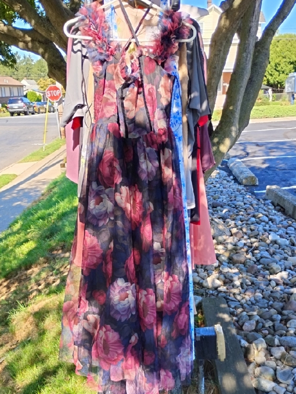 Women's Floral Tulle Layered Dress in Pink Orange Black Shades Of Purple